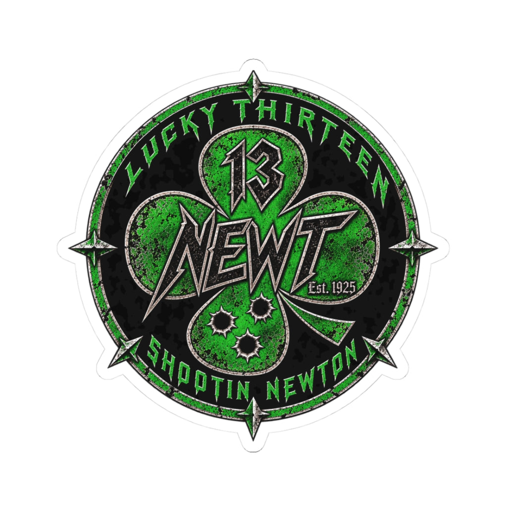 Kiss-Cut Sticker — 'Lucky Thirteen Newt' Green Shamrock Racing Emblem