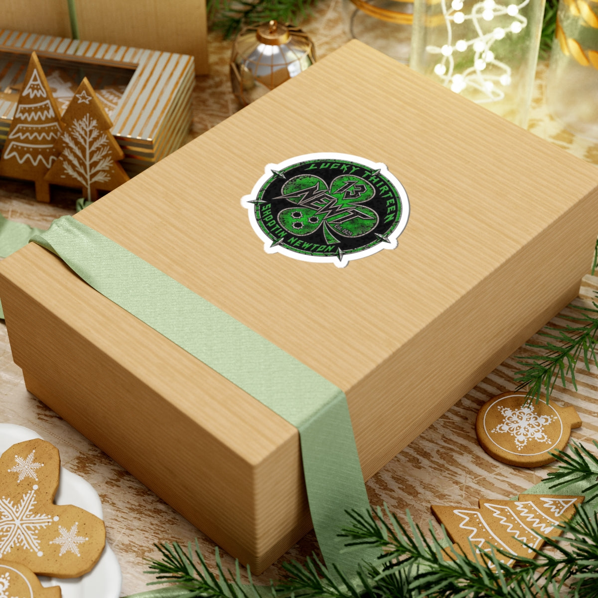 Kiss-Cut Sticker — 'Lucky Thirteen Newt' Green Shamrock Racing Emblem