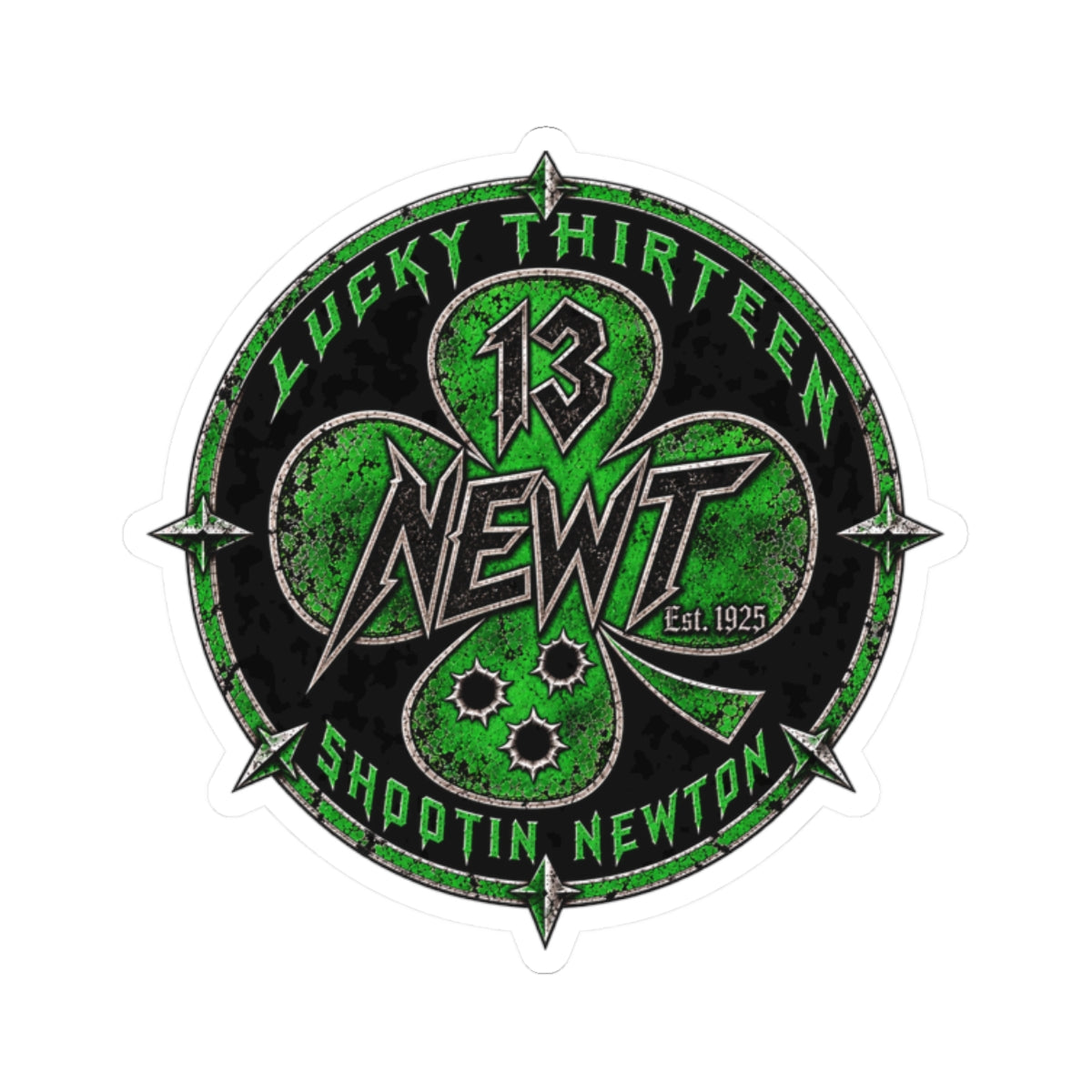 Kiss-Cut Sticker — 'Lucky Thirteen Newt' Green Shamrock Racing Emblem