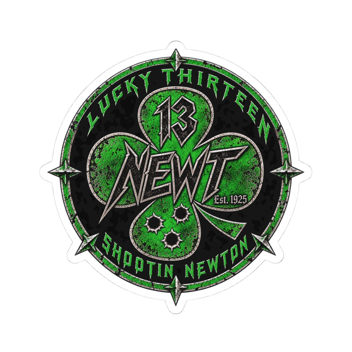 Kiss-Cut Sticker — 'Lucky Thirteen Newt' Green Shamrock Racing Emblem