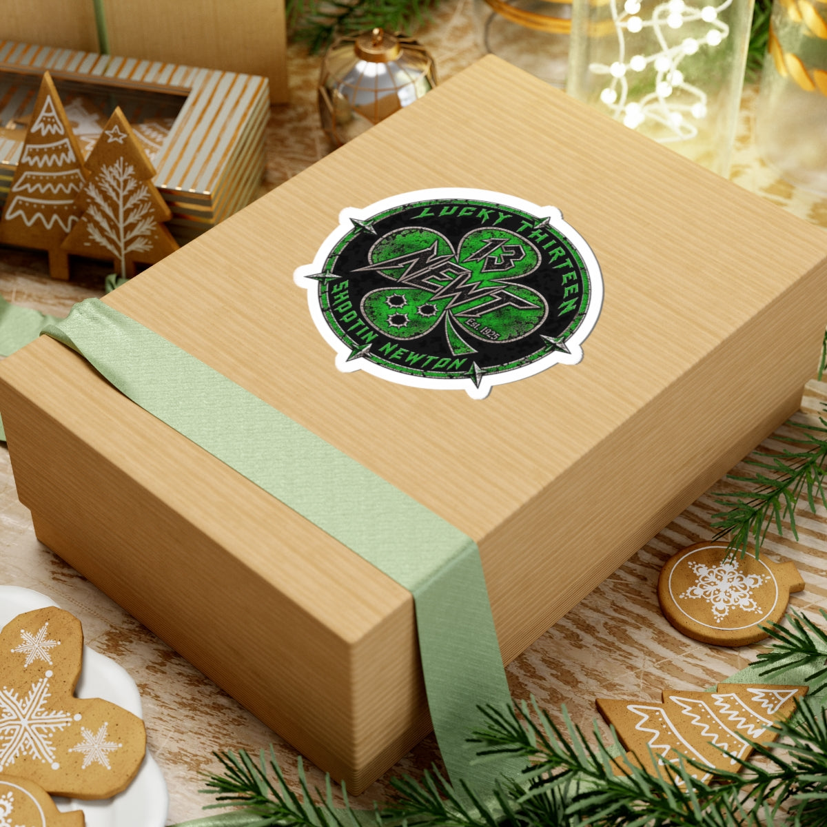 Kiss-Cut Sticker — 'Lucky Thirteen Newt' Green Shamrock Racing Emblem